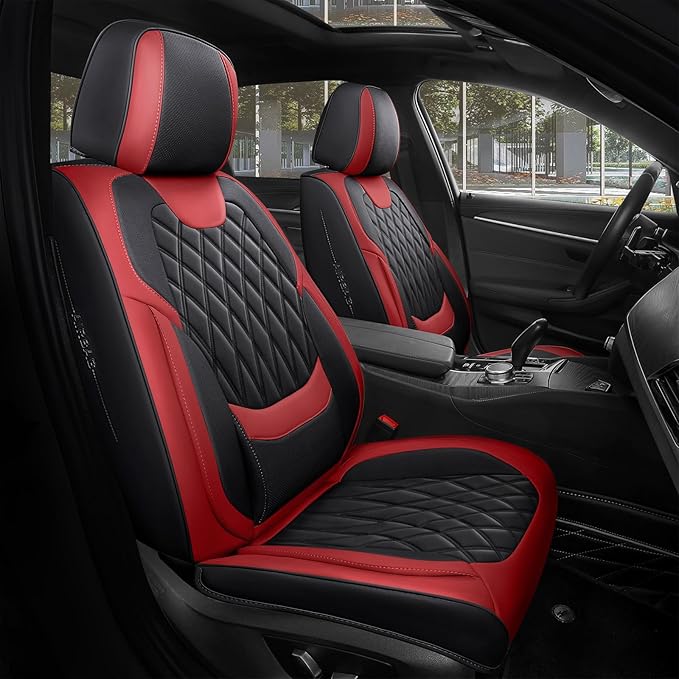 Car Seat Covers Full Set, Black Red, Faux Nappa Leather, Waterproof